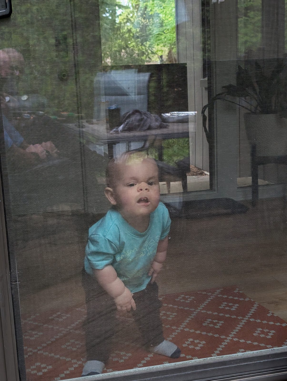 A toddler standing at a screen door looking out