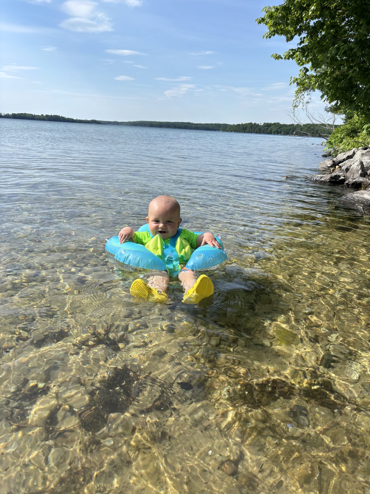 A baby floating in a swim ring in clear shallow lake water